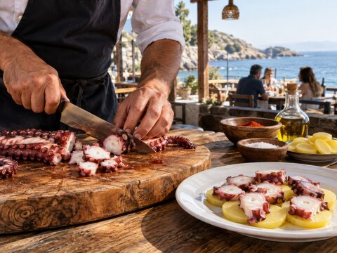 Oktopus f&uuml;r Tapas frisch zubereitet. Ein Koch schneidet Oktopus auf einem Holzbrett; daneben wartet ein angerichteter Teller. Spanische K&uuml;che mit Meerblick macht Urlaub zum Genuss.