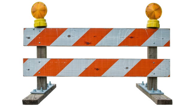 Orange and white striped wooden construction barrier with warning lights, isolated on transparent background