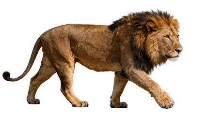 Majestic male lion with dark mane walking, isolated on transparent background © Nicolae