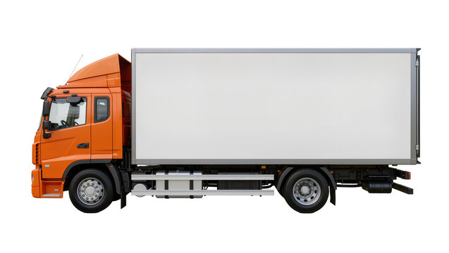 Orange truck with large white cargo box, isolated on transparent background