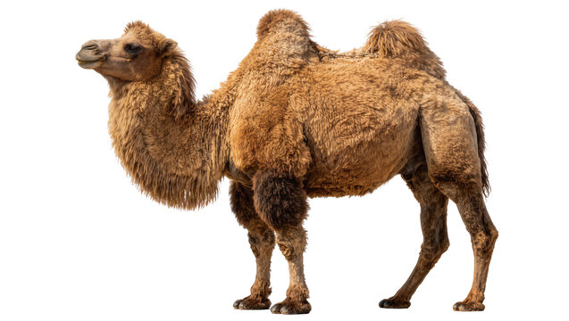 Fluffy brown dromedary camel with one hump, isolated on transparent background