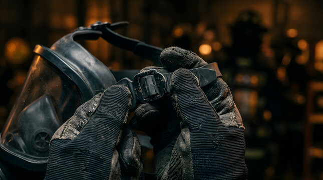 A firefighter wearing heavy protective tactical gloves adjusts the buckle and strap of a black self-contained breathing apparatus mask preparing for emergency response operations safely in a dark