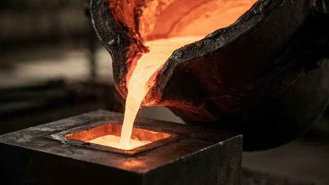 Molten liquid metal flows from a heavy industrial crucible into a mold during the manufacturing process. Metal casting concept for heavy industry manufacturing.