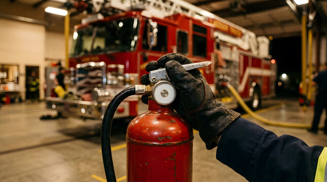 A firefighter in protective leather gloves checking the pressure gauge on a red fire extinguisher inside a busy fire station with a fire engine vehicle in the background during equipment check.