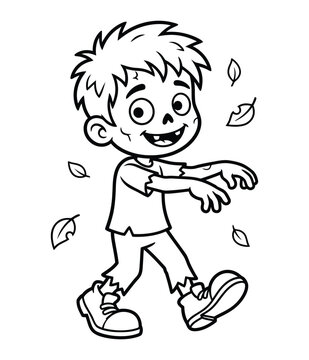 A charming black and white illustration depicts a young boy playfully pretending to be a zombie during the halloween season