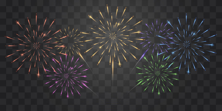 Bright colorful fireworks explosions isolated on png background. Festive fireworks with brightly shining sparks. New Year&rsquo;s Eve firework, salute. Vector isolated on png background.