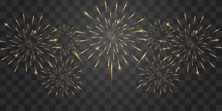 Golden vector firework explosion isolated on transparent png background. Festive New Year's fireworks in bright gold shades. Sparks and explosions light effect png.