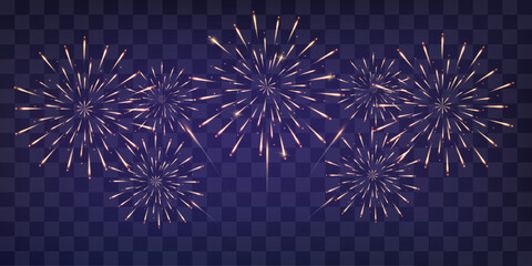 Obraz premium Golden vector firework explosion isolated on transparent png background. Festive New Year's fireworks in bright gold shades. Sparks and explosions light effect png.