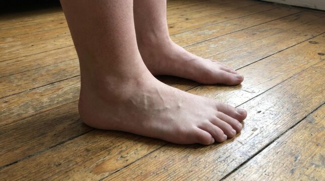 Pedal anatomy presentation: flat foot, orthopedic condition, low arch, wooden floor, bare sole, erect stance, skin texture, health issue, medial collapse, body weight.