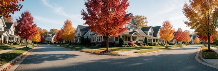 Obraz premium Aerial view of quiet residential neighborhood in Raleigh during autumn. Suburban houses with green lawns sit along paved streets lined with colorful maple trees. Red, orange foliage decorates
