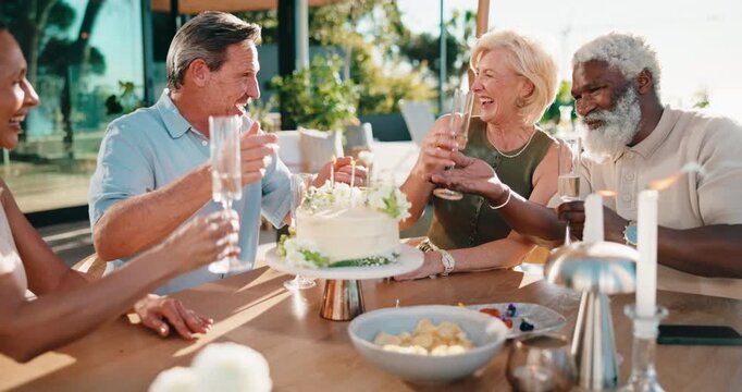 Woman, friends and cheers at house with alcohol, blowing candles and birthday cake for celebration. Happy, mature people and toast on patio with beverage, dessert and socializing for special occasion