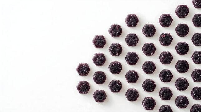 Elderberry gummy candies arranged in a neat pattern on a clean white surface with space for your custom text.