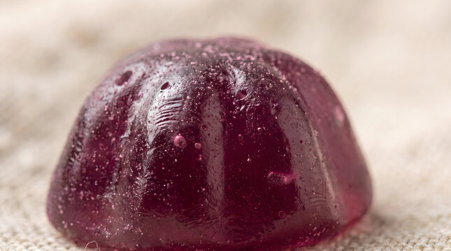 A close-up shot of a single elderberry gummy candy resting on a rustic textured fabric surface.