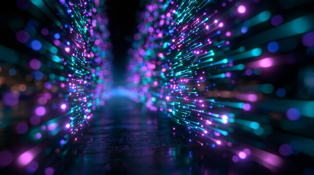 Digital Data Transfer Tunnel with Glowing Fiber Optic Lights