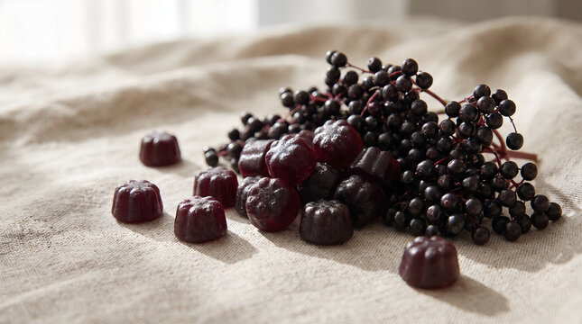 Elderberry gummy candies with fresh elderberries on a natural fabric surface for immune support and health