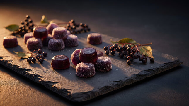 An assortment of delicious elderberry gummy supplements dusted with sugar on a dark slate board with berries