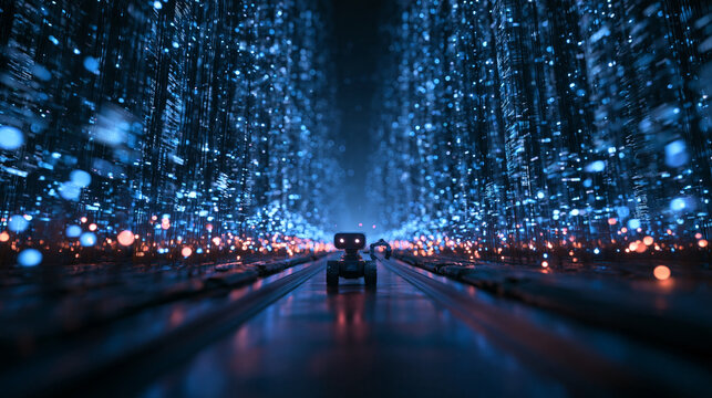 Small Robot Moving Through Glowing Digital Data Corridor