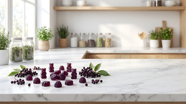 Elderberry gummy vitamins and fresh elderberries arranged on a modern kitchen countertop with herbs