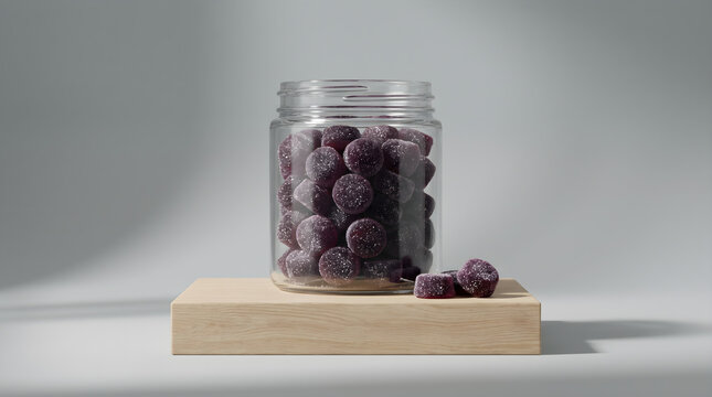 Elderberry gummy vitamins in a glass jar on a wooden block against a grey studio background