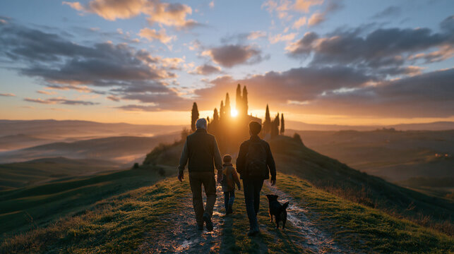 Multi Generation Family Walking with Dog at Sunrise