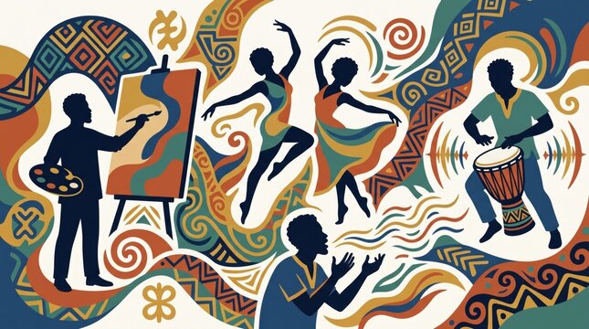 African art illustration featuring dancers, painter, and musician celebrating culture and creativity