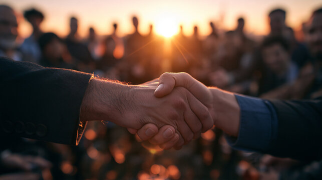 Business People Shaking Hands in Front of Team at Sunset