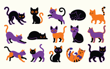 Obraz premium Colorful collection of cartoon cats in various poses for halloween and festive designs