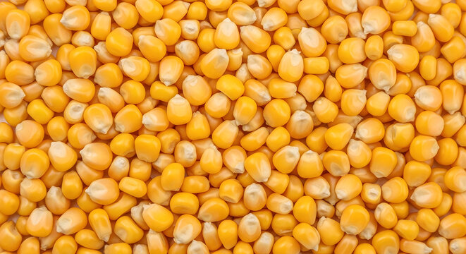 Top view of fresh golden corn kernels scattered on white surface