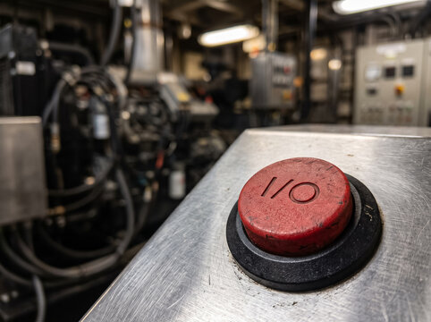 close up of red power button with on off label on metal control panel of industrial machinery
