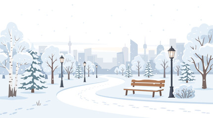 Fototapeta premium Snowy winter park vector illustration featuring a winding path, wooden bench, vintage lampposts, and a distant city skyline