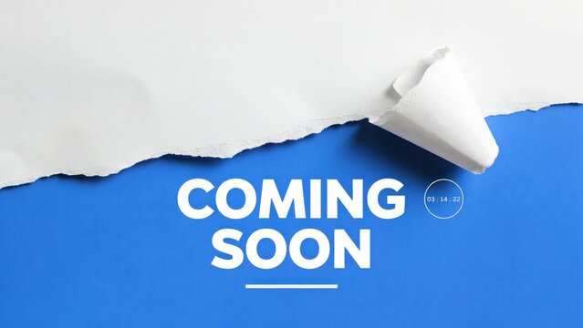Coming soon announcement banner, torn white paper revealing blue background, creative teaser poster for product launch and website opening