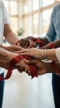 Support group hand: red ribbon, Hiv prevention, Aids awareness, Human Virus, Acquired Syndrome, Immunodeficiency care, medical solidarity, global campaign, diverse unity.