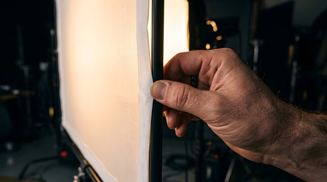 Close up view of a videographer or photographer hand adjusting and assembling professional studio lighting equipment diffusion fabric softbox panel modifier gear setup during production shoot session