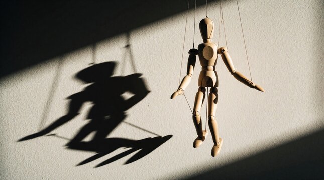 Wooden marionette puppet hangs on strings against light wall. Sharp shadow of puppet shows dramatic silhouette on surface. Concept of control, manipulation puppet master. Artistic still life with