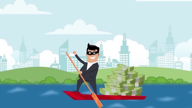 Criminal character in suit rowing red boat loaded with cash through river during daylight motion footage clip