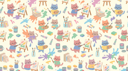 Obraz premium Seamless Pattern of Artist Cats, Flat Vector Painter Kittens with Paintbrushes, Palettes and Canvases