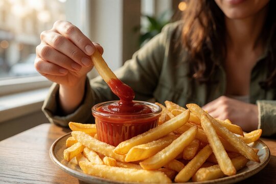 Close up of female hand dipping crispy french fries into red ketchup sauce bowl. Young woman eats salty potato chips snack at cafe. Delicious hot fast food served on plate in restaurant for tasty