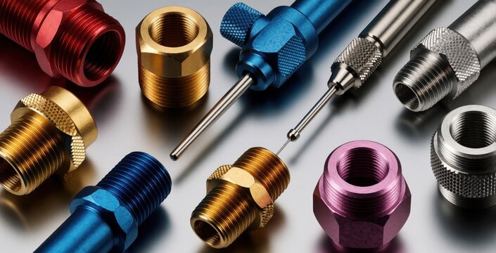 Assortment of metal hardware parts on gray surface. Various brass, steel threaded fittings, colorful anodized connectors, precision probe tool. Industrial components for engineering, plumbing,
