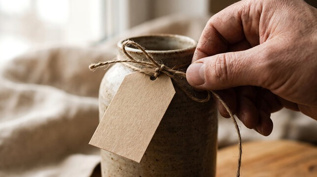 Hand attaching kraft paper price tag with twine string onto rustic handmade pottery jar for artisan gift packaging and small business branding