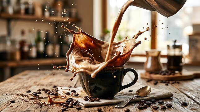 Hot coffee pouring from a cup with splashing liquid