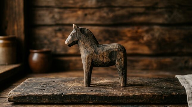 A carved wooden horse figurine resting on a rustic wooden background.