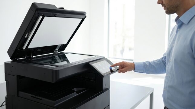 A businessman hand presses a button on the control panel of a printer scanner in a modern office.