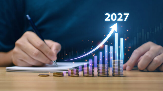 2027 Financial Growth and Investment Concept, Rising Coin Stacks with Upward Arrow, Business Profit and Wealth Planning