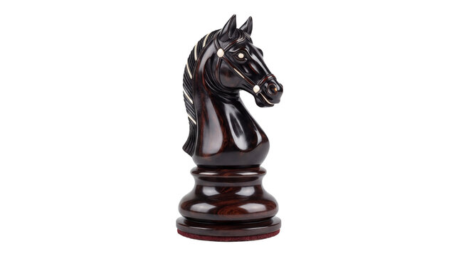 Elegant dark wood chess piece knight with intricate details and white accents on a white background