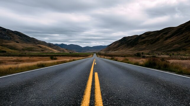 A long straight road stretches between rolling hills under an overcast sky  with yellow centerline guiding the way forward