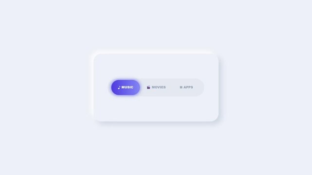Microscopic sliding motion of a purple glowing selector switching between music movies and apps within a sleek neumorphic interface animation.