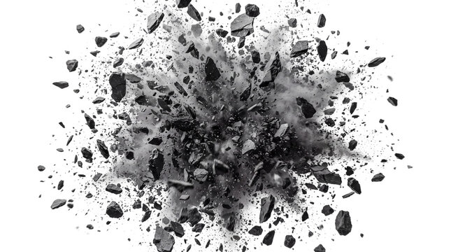 Explosion of dark charcoal fragments and dust clouds against a white background