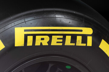 Fototapeta premium LONDON, UK - AUGUST 30, 2026: Logo on Pirelli F1 racing tyre