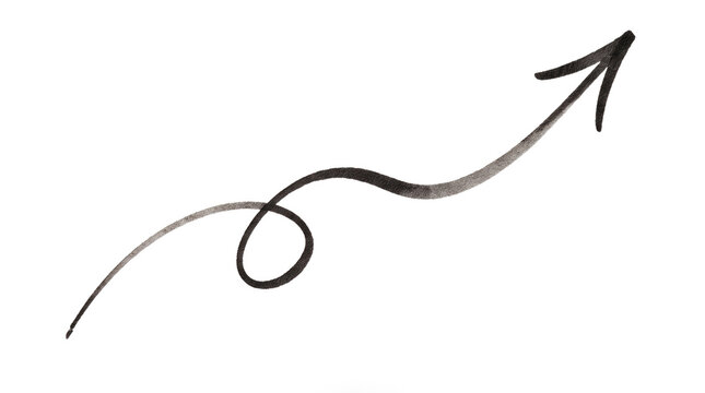 Hand drawn black arrow pointing upwards with a swirling line indicating progress and growth