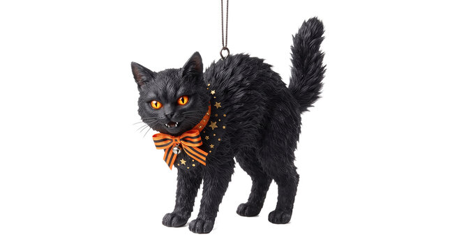Halloween Black Cat Ornament with Orange Bow and Star Collar